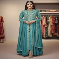 Readymade Georgette Embroidered Party Dress - Black