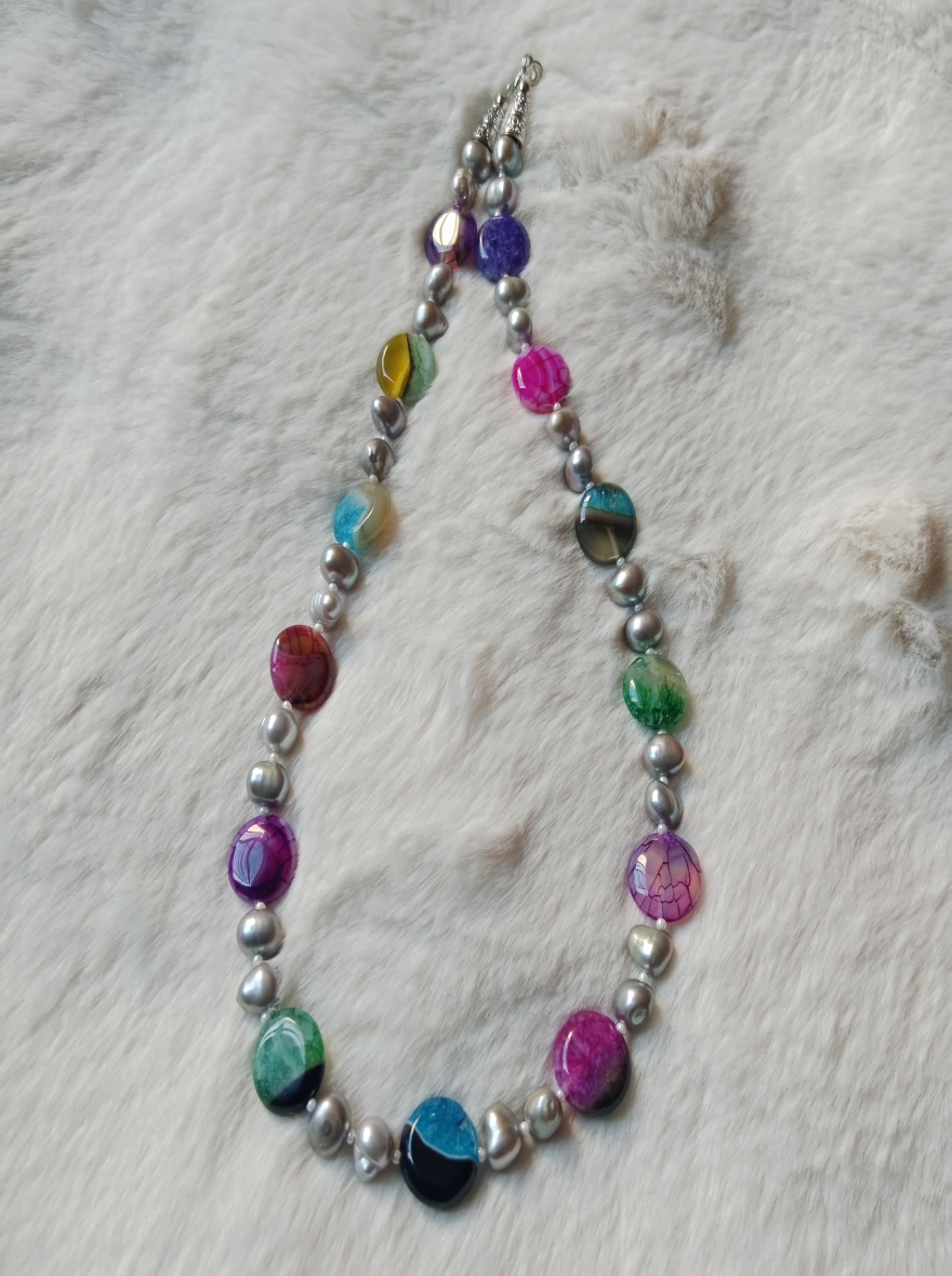 Original Siver Colour Pearl & Multicolor Stone Necklace 