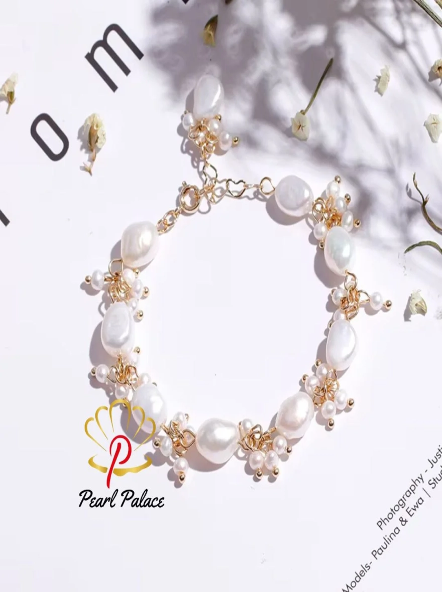 Natural Baroque Freshwater Pearl 14K Gold Filled Women's Bracelet with Charm – Handmade Jewelry Accessories