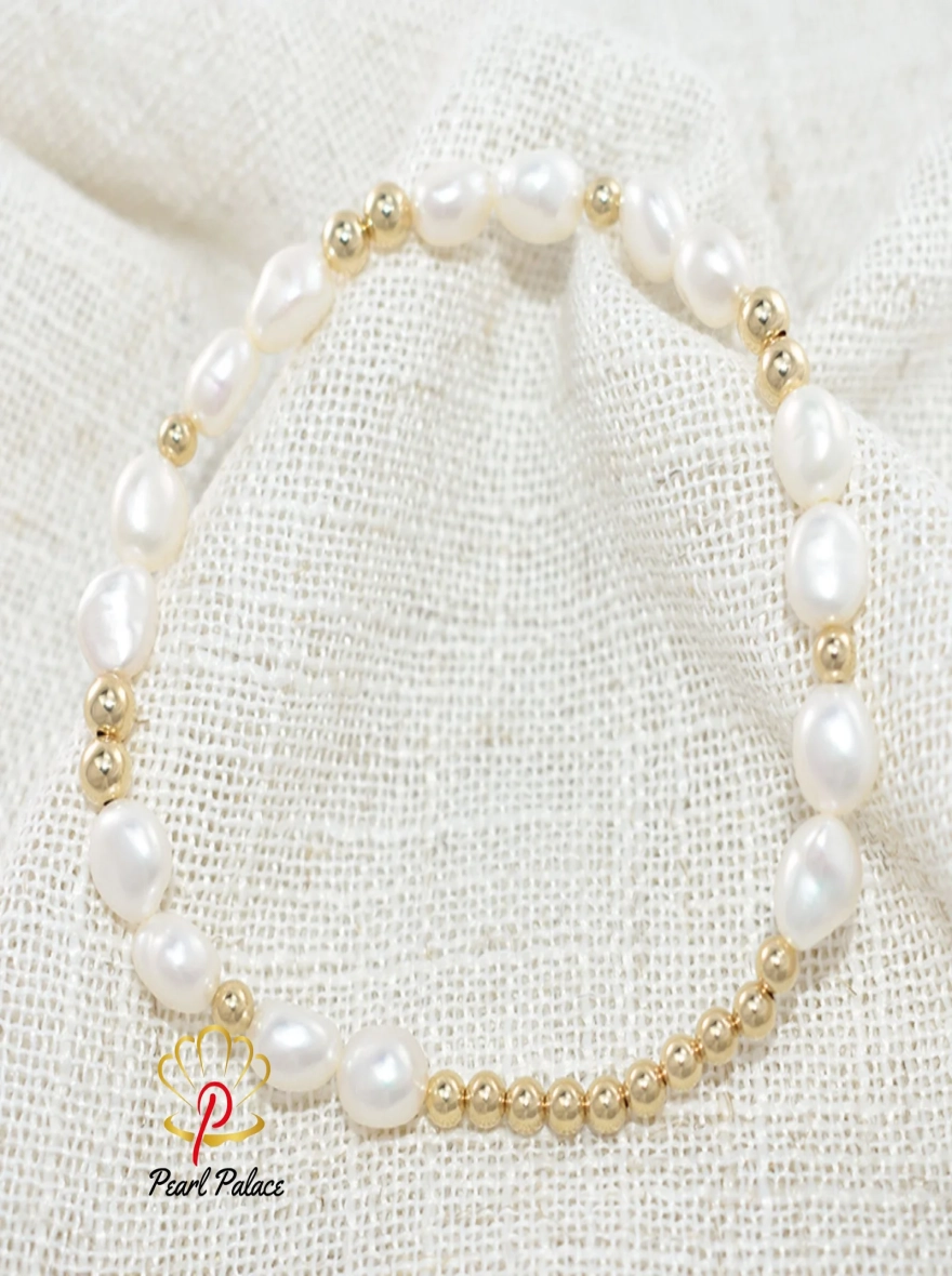 14K Gold Filled Elastic Pearl Bracelet Handmade Pearl