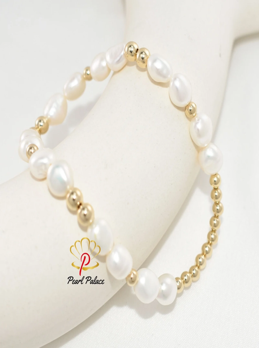 14K Gold Filled Elastic Pearl Bracelet Handmade Pearl