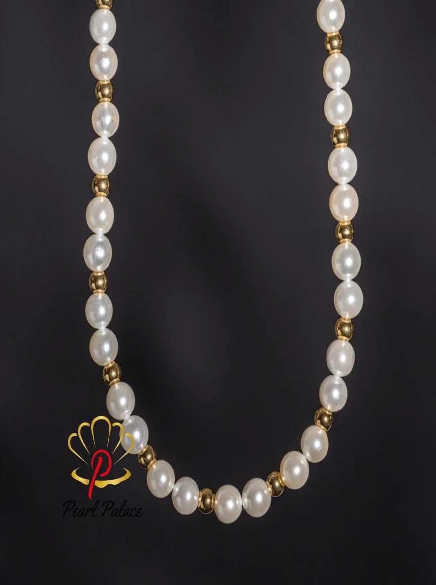 Men White Pearl Necklace with gold plated 925