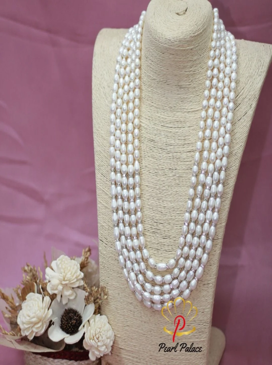 Men's Wedding 5-Layer Necklace for Sherwani (White Rice Pearl)