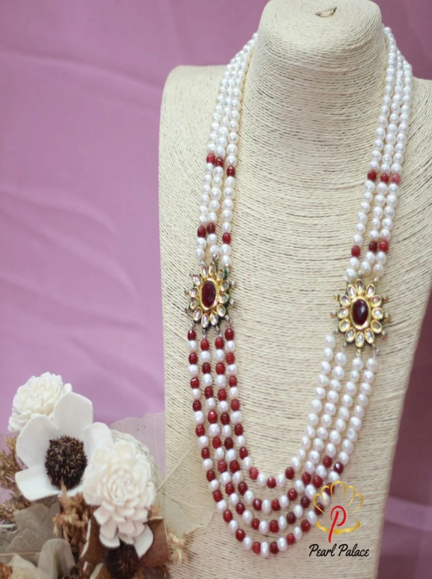 Exclusive Ruby & Pearl Men's Multi-Layer Wedding Necklace