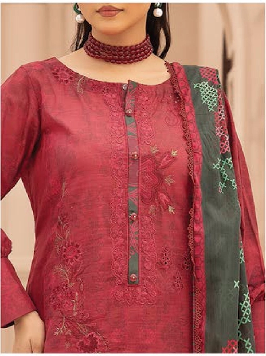 Maroon Majesty Embroidered 3-Piece Lawn Suit-unstitched