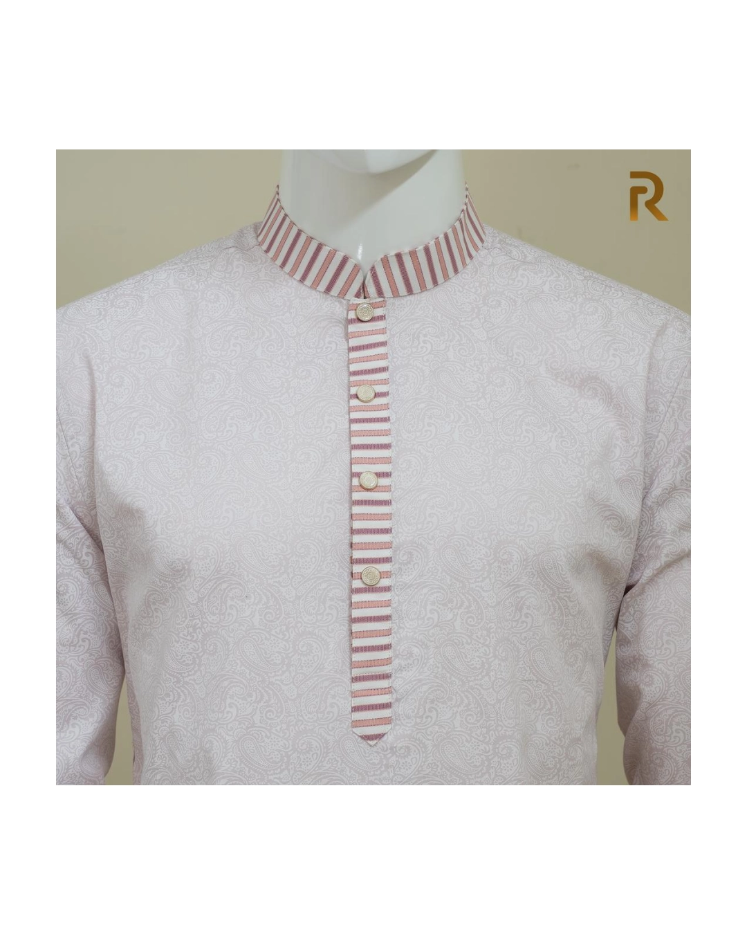Classic Pink Print Design with Contrast Stripe Collar Premium Cotton Combo Panjabi with Designer Snap Buttons