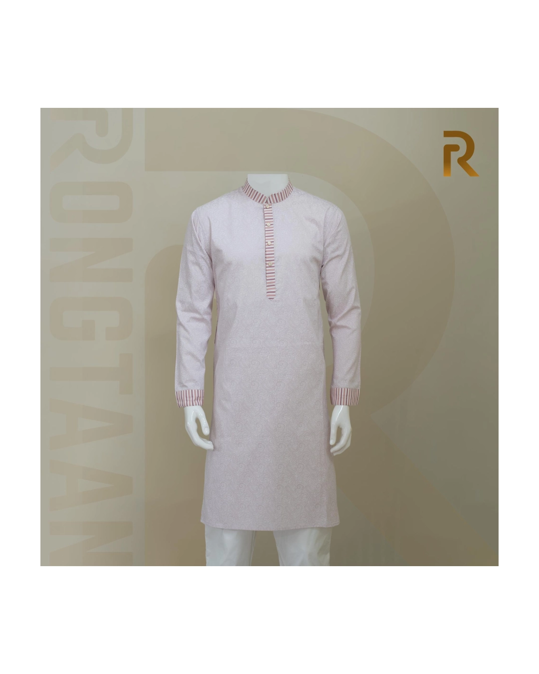 Classic Pink Print Design with Contrast Stripe Collar Premium Cotton Combo Panjabi with Designer Snap Buttons