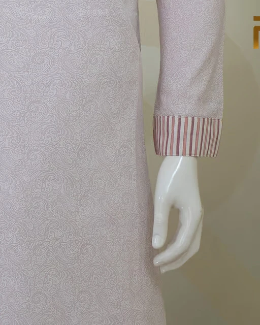 Classic Pink Print Design with Contrast Stripe Collar Premium Cotton Kid's Single Panjabi with Designer Snap Buttons