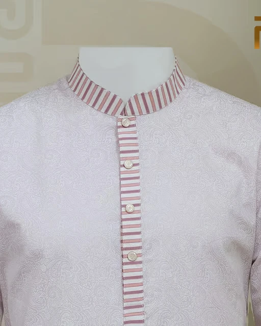 Classic Pink Print Design with Contrast Stripe Collar Premium Cotton Kid's Single Panjabi with Designer Snap Buttons