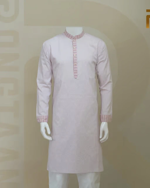 Classic Pink Print Design with Contrast Stripe Collar Premium Cotton Kid's Single Panjabi with Designer Snap Buttons