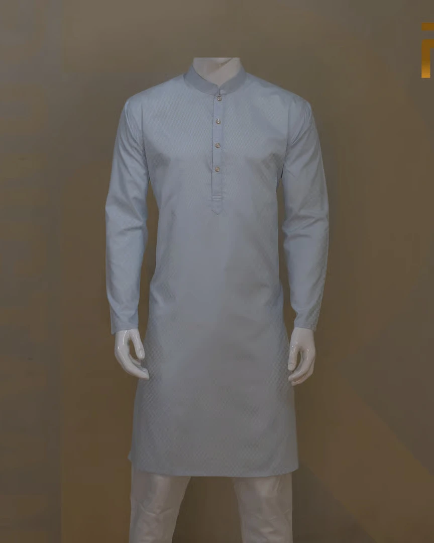 Pale Blue Jacquard Premium Cotton Combo Panjabi with Snap Button – Elegant Traditional Wear