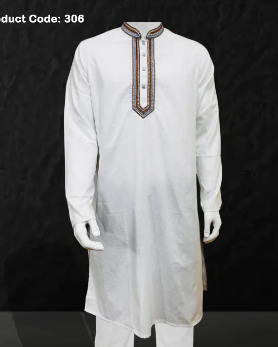 White Glossy Embroidered Cotton Panjabi for Men