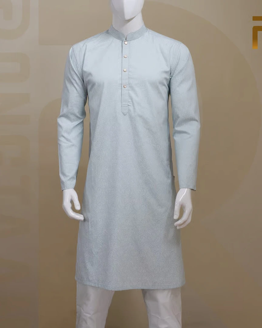 Light Blue Print Design Premium Cotton Men's Panjabi with Designer Snap Buttons