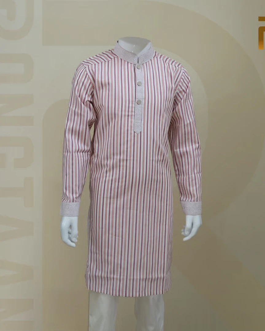 Classic Pink Stripe with Contrast Print Design Premium Cotton Kid's Single Panjabi with Designer Snap Buttons