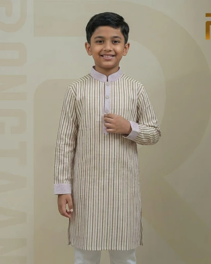 Classic Yellow Stripe with Contrast Print Design Premium Cotton Kid's Single Panjabi with Designer Snap Buttons