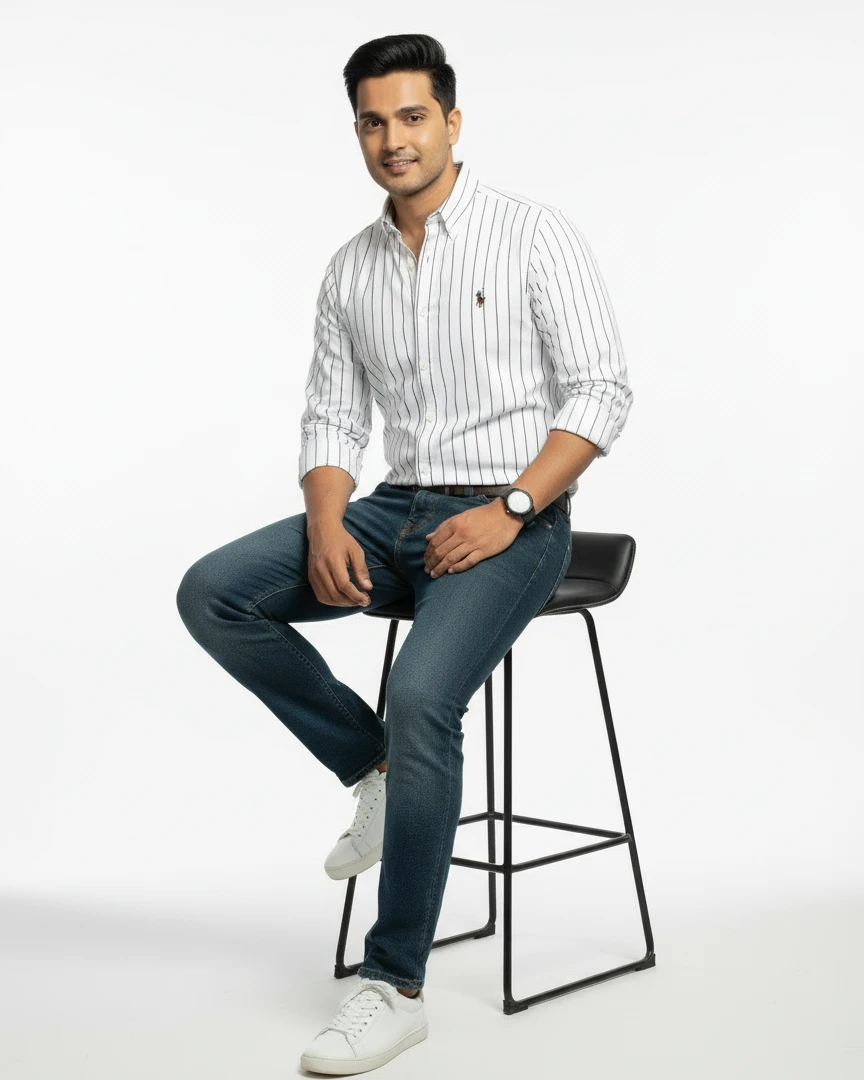 Premium Slim Fit White With Black Pinstripes