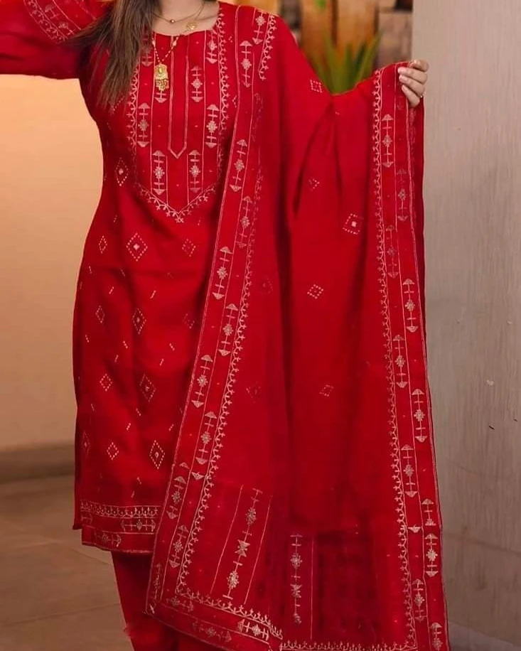 Crimson Ruby Geometric Print 3-Piece Salwar Kameez Suit