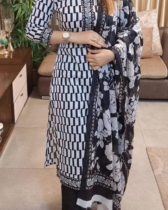 Monochrome Geometric Brick & Floral 3-Piece Salwar Kameez Suit