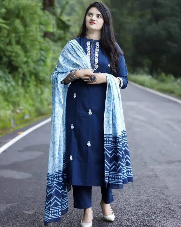Navy Blue Starburst Embroidered & Batik-Print 3-Piece Salwar Kameez Suit