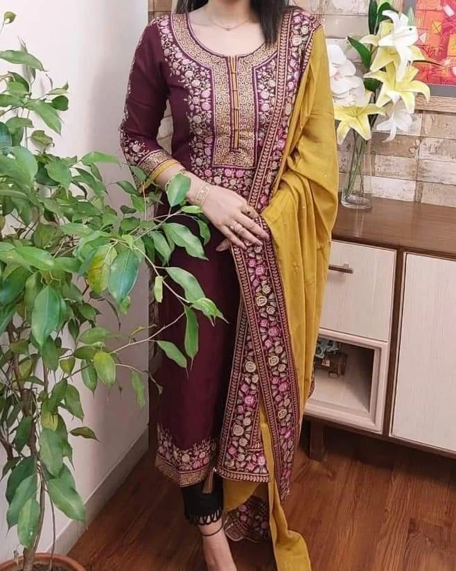 Deep Plum Floral Embroidered Cotton 3-Piece Salwar Kameez Suit