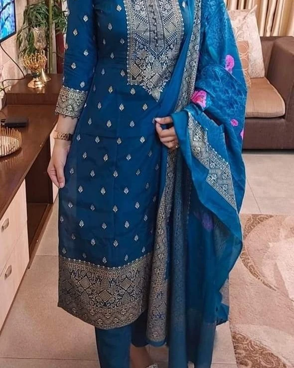 Deep Peacock Blue Banarasi Silk 3-Piece Salwar Kameez Suit