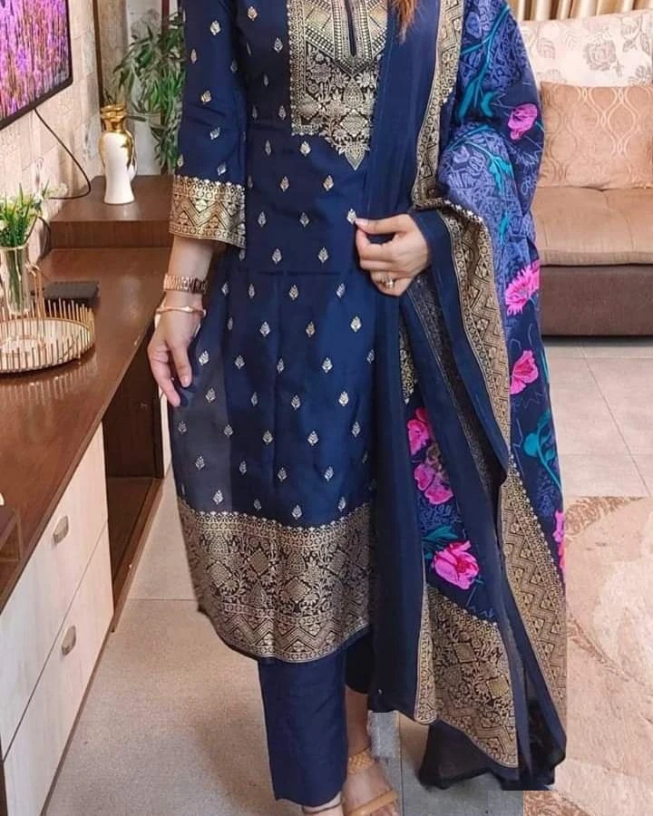 Deep Peacock Blue Banarasi Silk 3-Piece Salwar Kameez Suit