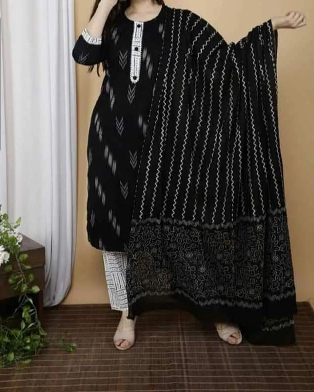 Black & White Ikat Print Cotton 3-Piece Salwar Kameez Suit