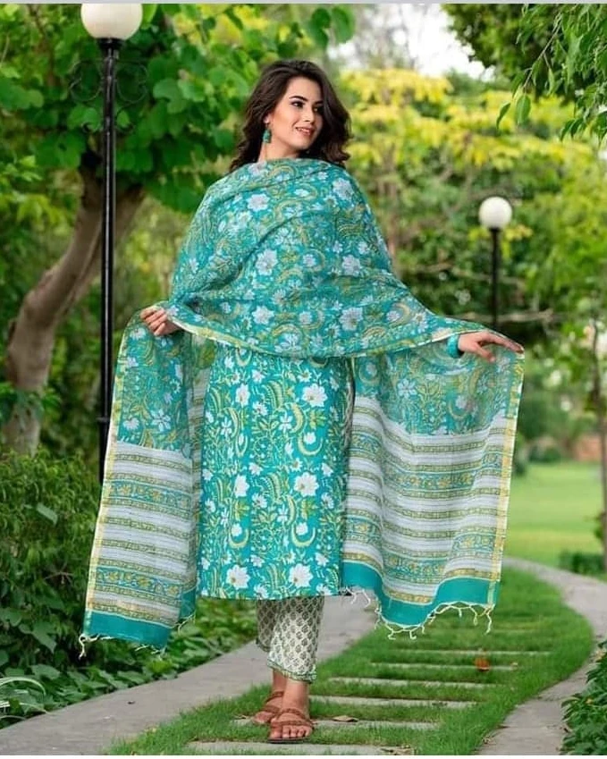 Emerald Green & Gold Traditional Print 3-Piece Salwar Kameez Suit