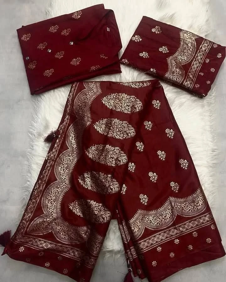 Elegant Maroon Japanese Soft Silk Screen-Print Couple Set