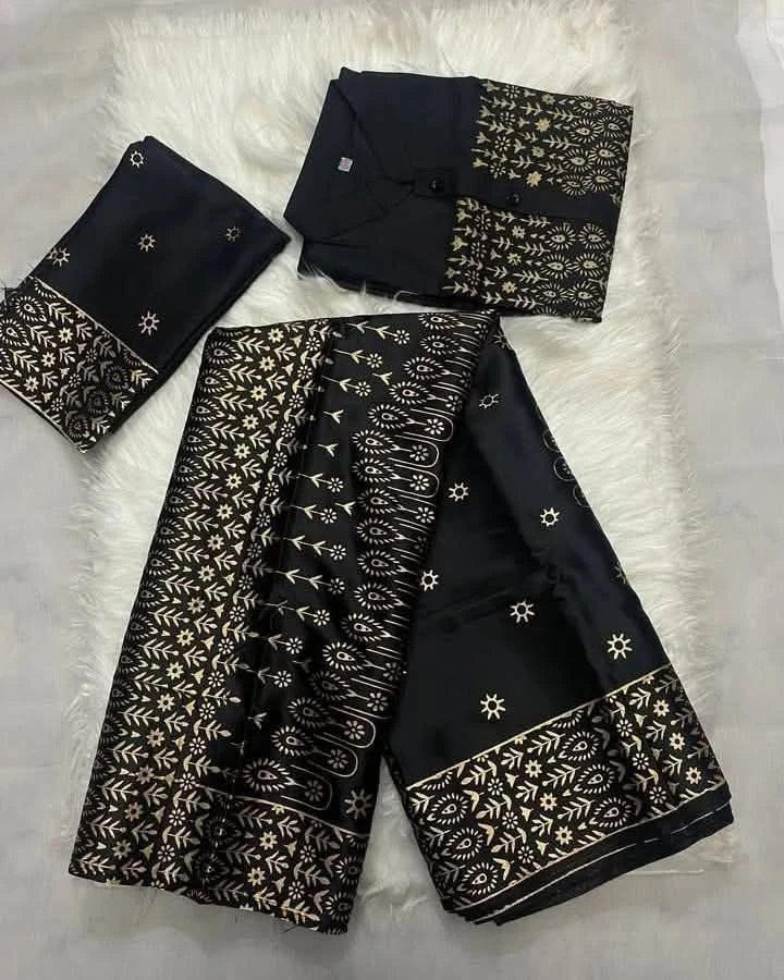 Royal Japanese Soft Silk Golden Screen-Print Couple Set