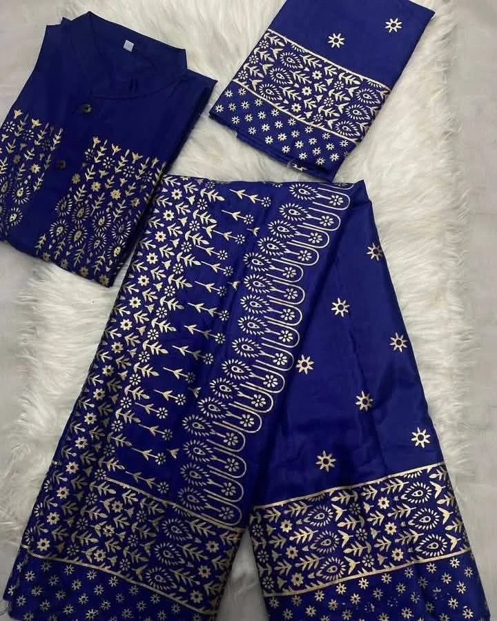 Royal Japanese Soft Silk Golden Screen-Print Couple Set