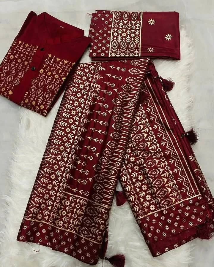 Royal Japanese Soft Silk Golden Screen-Print Couple Set