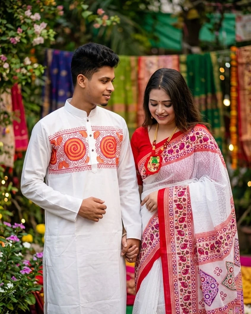 Festive Aura Boishakhi Block-Print Couple Set