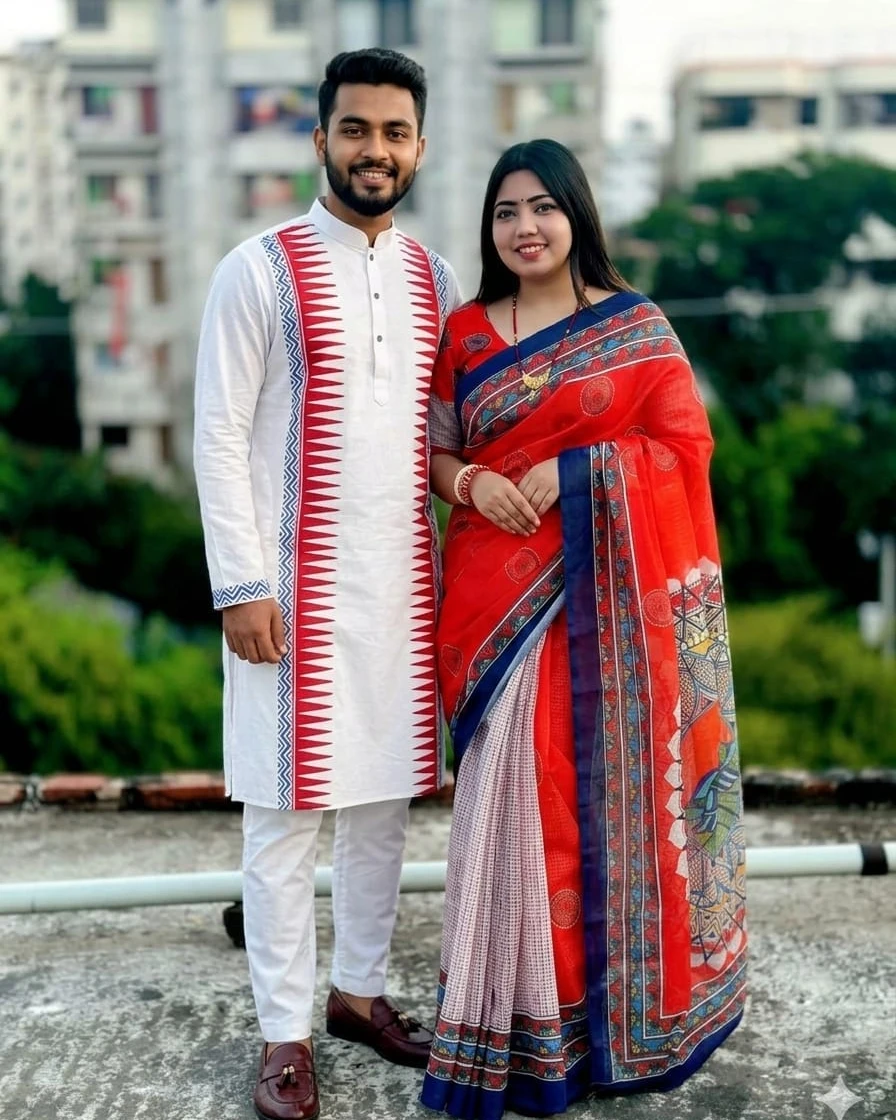 Baoshakhi Premium Digital-Print Silk Couple Set