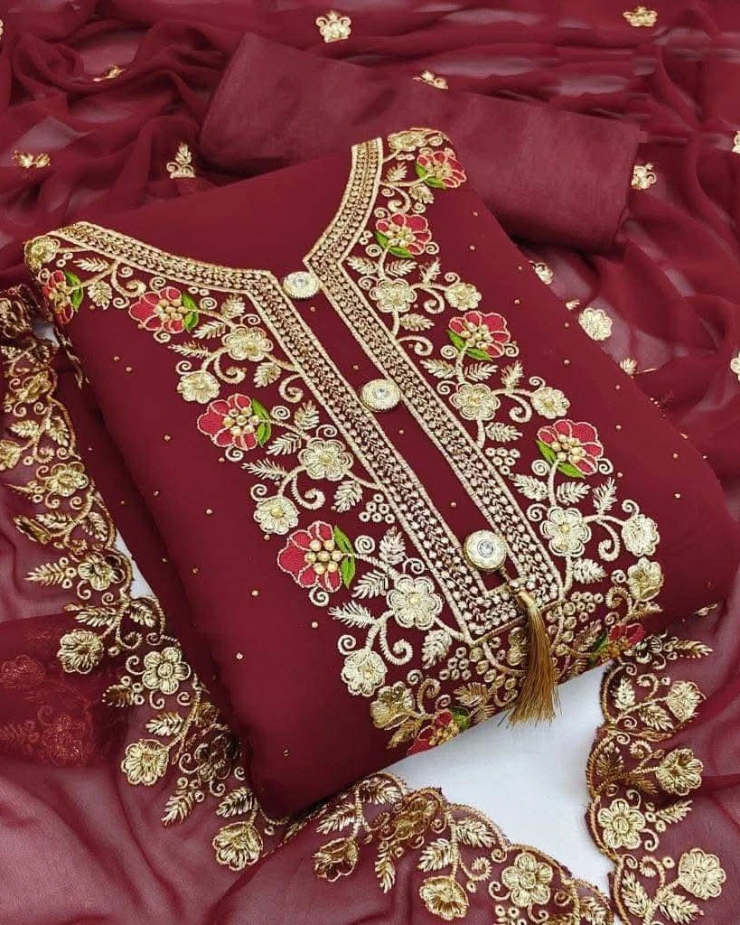 Crimson Elegance Heavily Embroidered Georgette 4-Piece Set