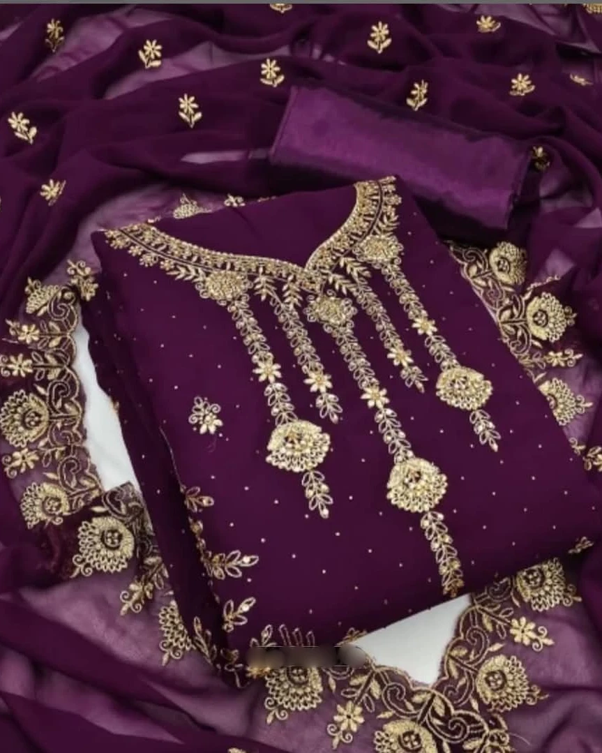 Royal Plum Heavily Embroidered Georgette 4-Piece Set