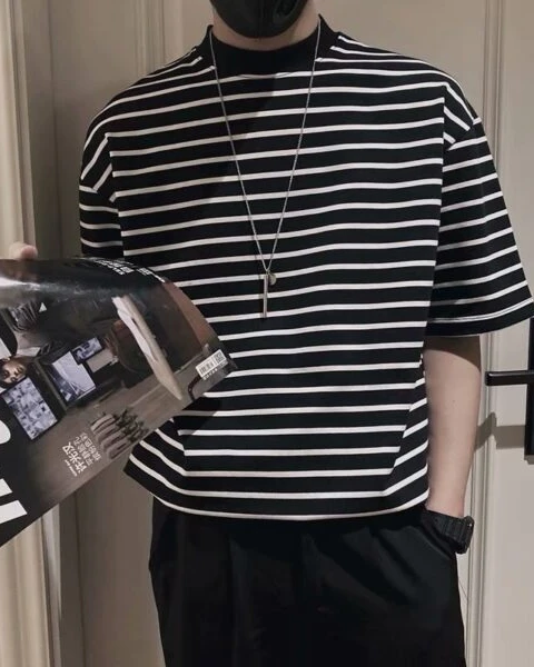 Premium Black & White Horizontal Striped Casual T-Shirt – Garb Streetwear Edition