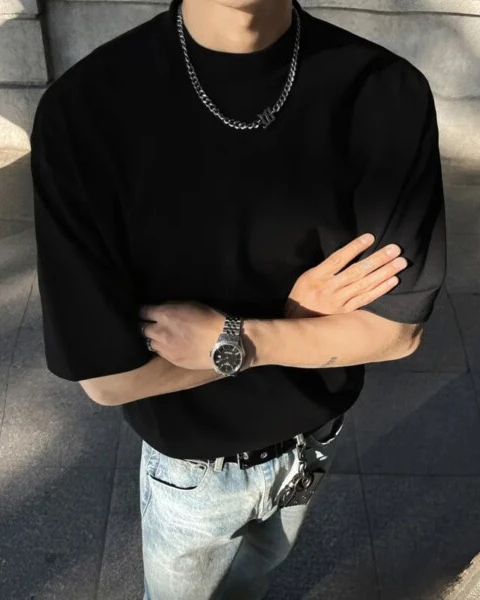 Premium Cotton Stand-Up Collar T-Shirt – Korean Minimalist Collection