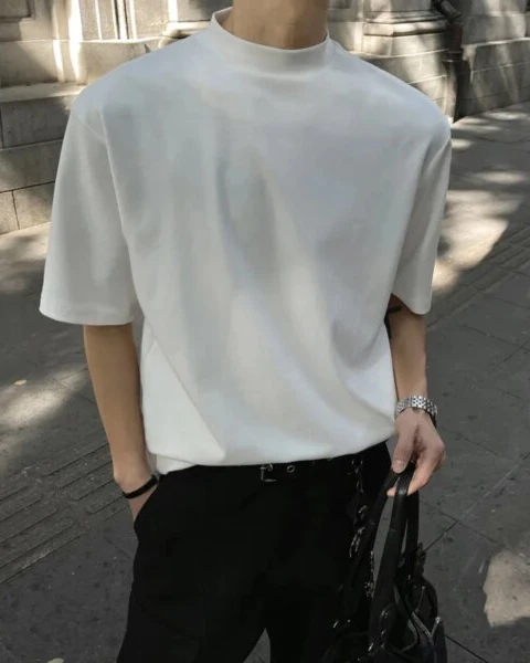 Premium Cotton Stand-Up Collar T-Shirt – Korean Minimalist Collection