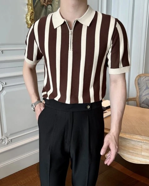 Premium Light Luxury Knitted Polo – Korean Striped Zipper Edition