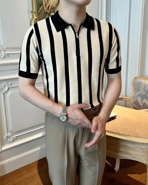 Premium Light Luxury Knitted Polo – Korean Striped Zipper Edition