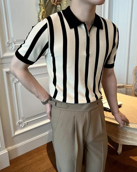 Premium Light Luxury Knitted Polo – Korean Striped Zipper Edition