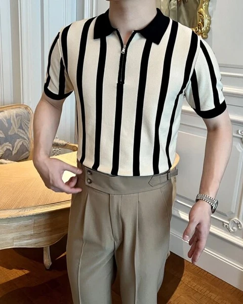 Premium Light Luxury Knitted Polo – Korean Striped Zipper Edition