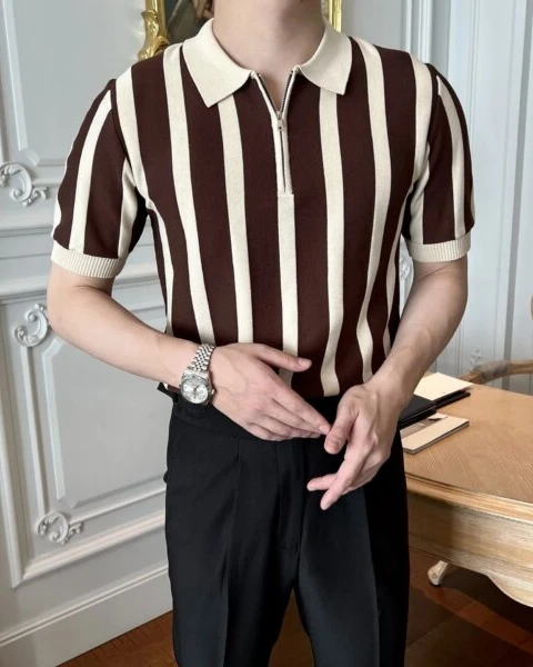 Premium Light Luxury Knitted Polo – Korean Striped Zipper Edition