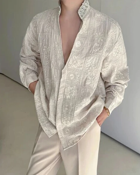 Premium Solid Color Embroidered Jacquard Shirt