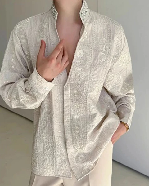 Premium Solid Color Embroidered Jacquard Shirt