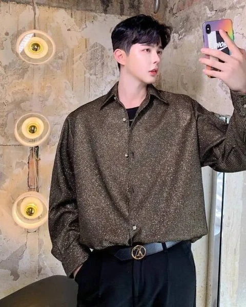 WTHT “Glimmer-Check” Plaid Spliced Sequins Loose Shirt