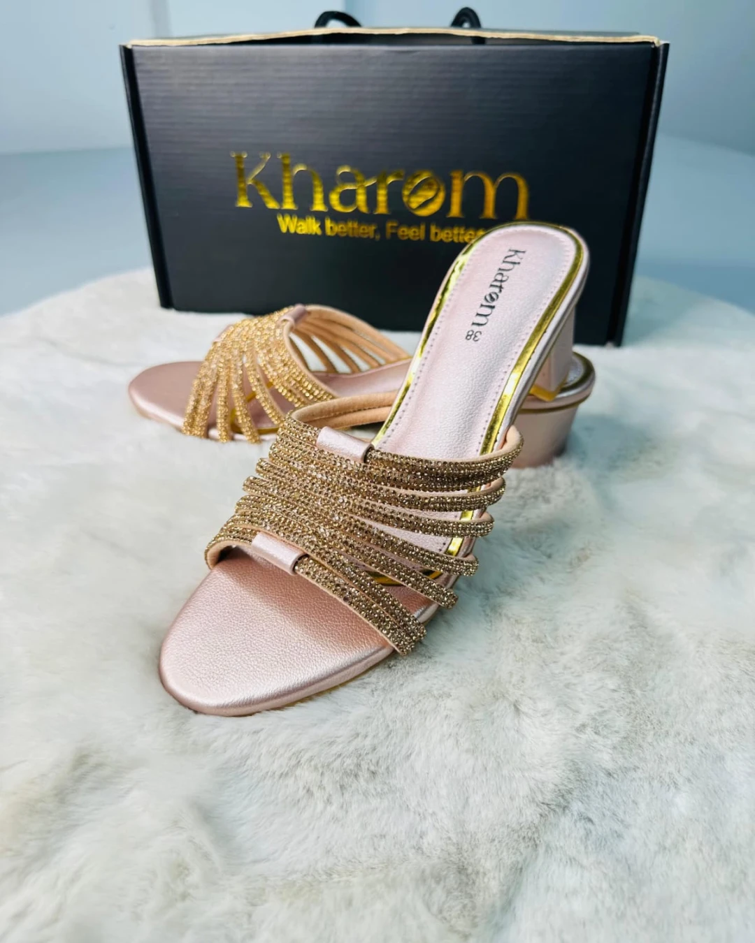 Midnight Rhinestone Strappy Block Heels-Golden