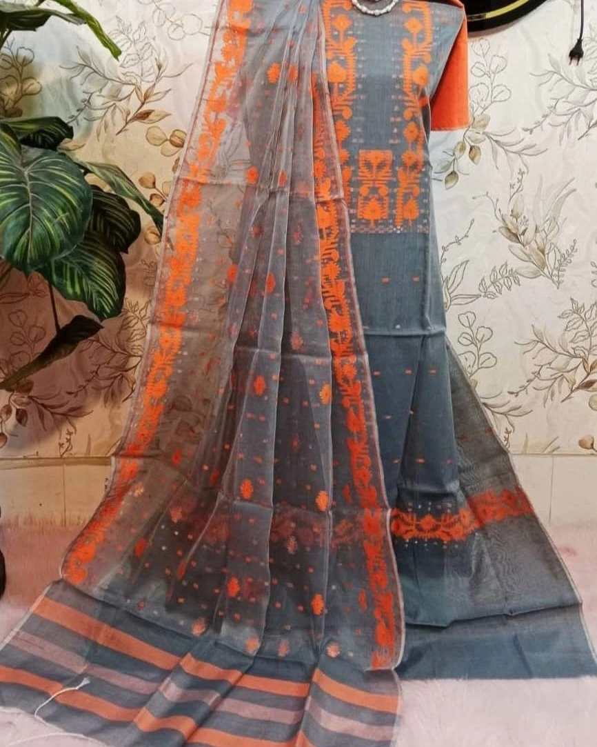 Charcoal Amber Tangail Tencel Jamdani