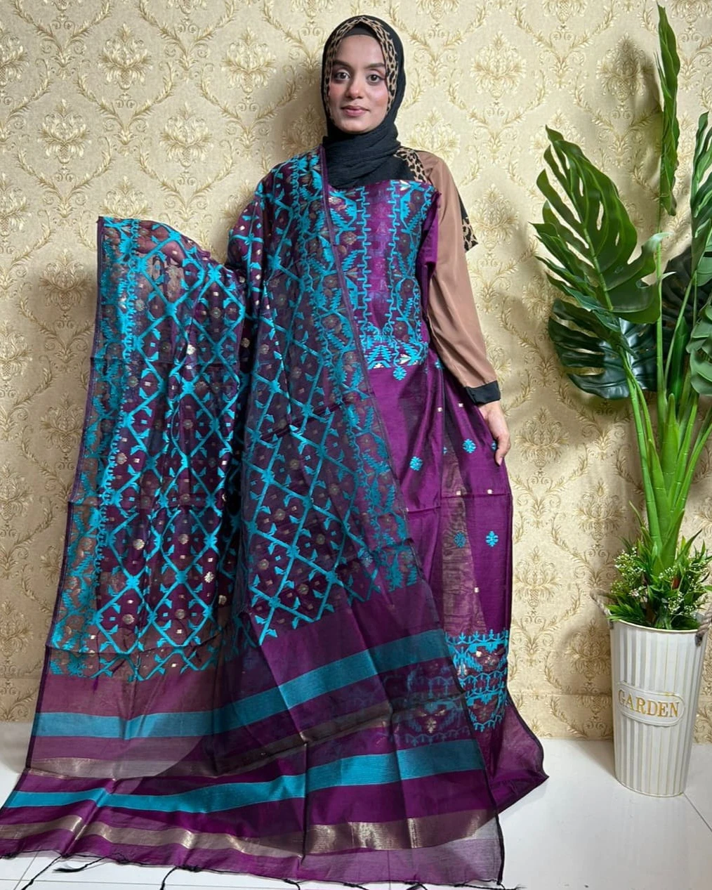 Mystic Teal Tangail Tencel Jamdani